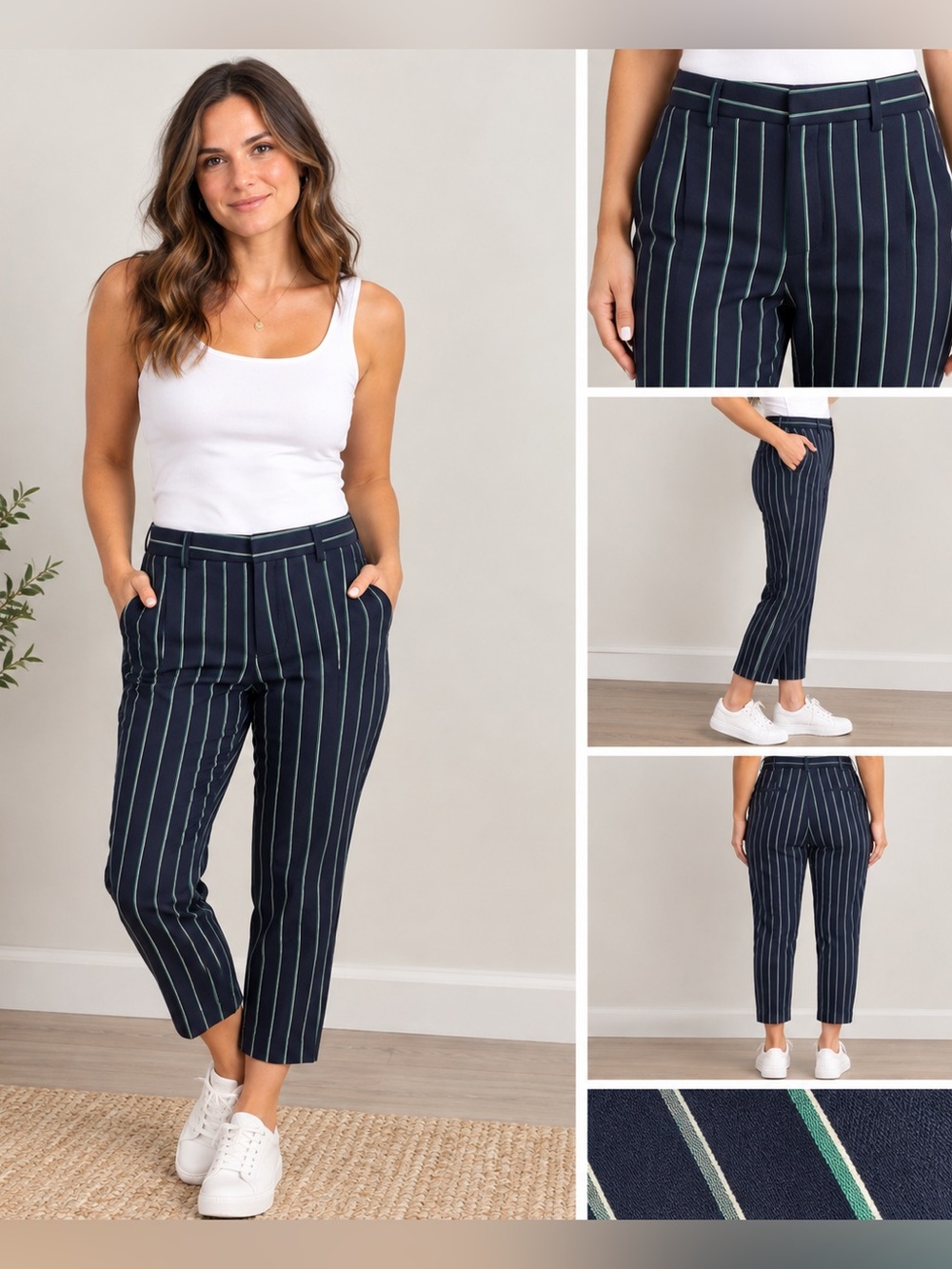 Banana Republic Navy and Green Pinstriped Cropped Slacks